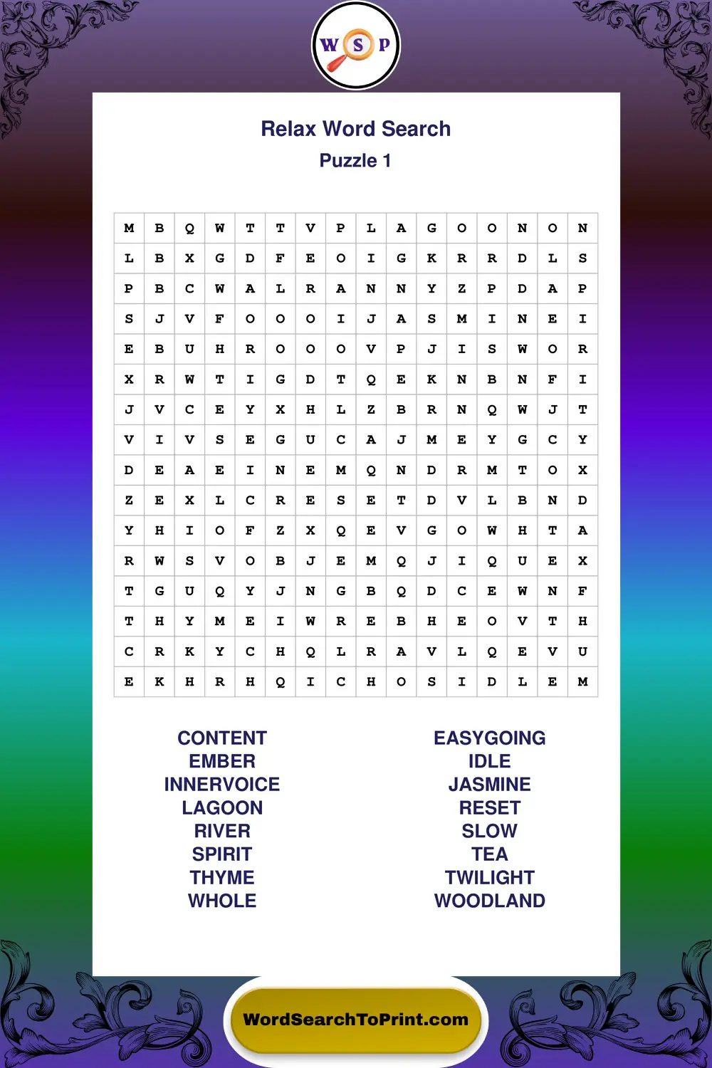 Relax Word Search Puzzle 1