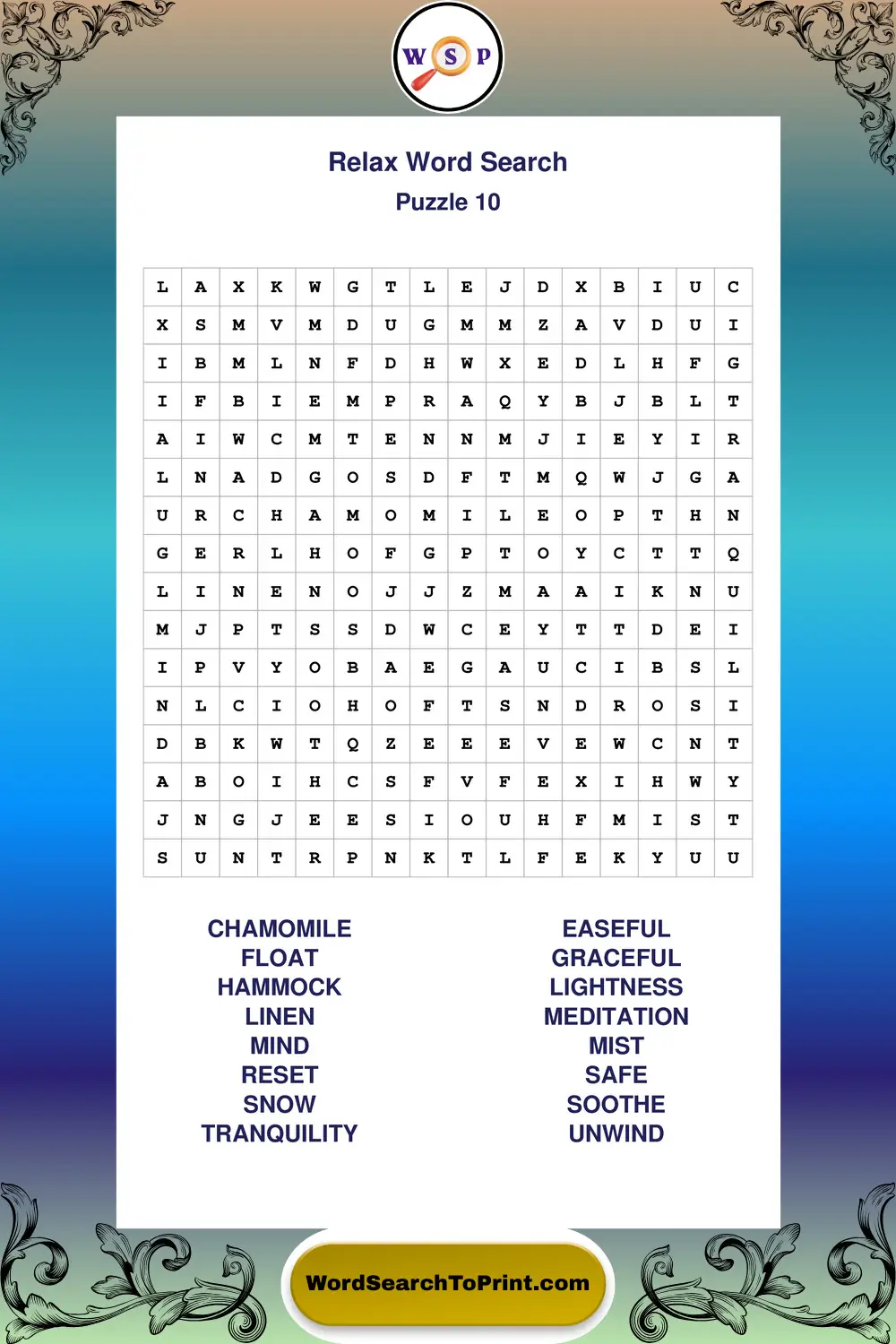 Relax Word Search Puzzle 10