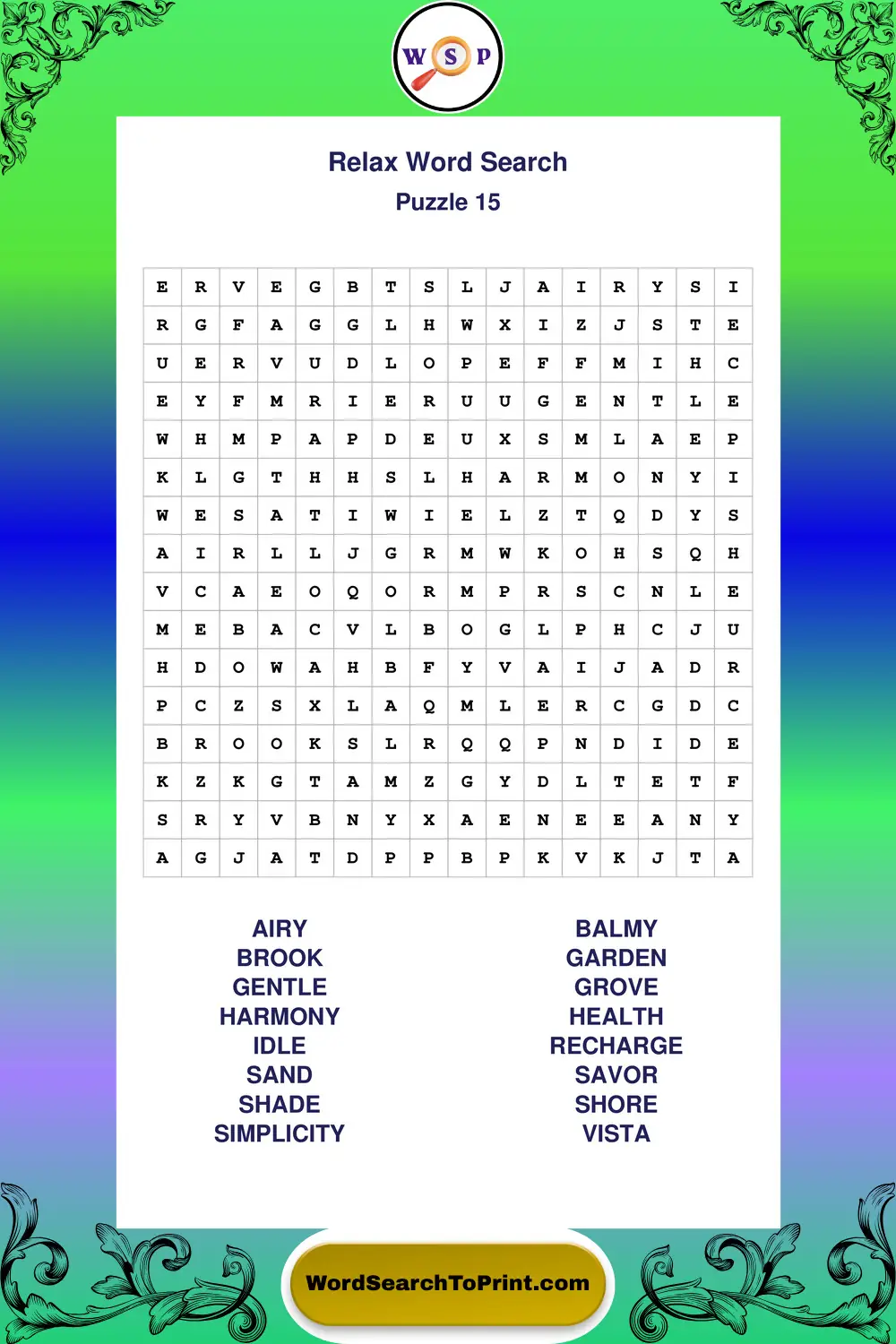 Relax Word Search Puzzle 15