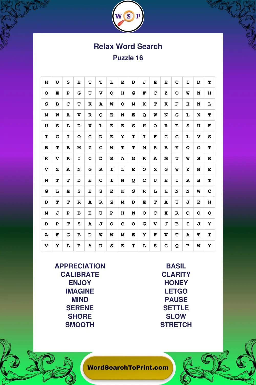Relax Word Search Puzzle 16