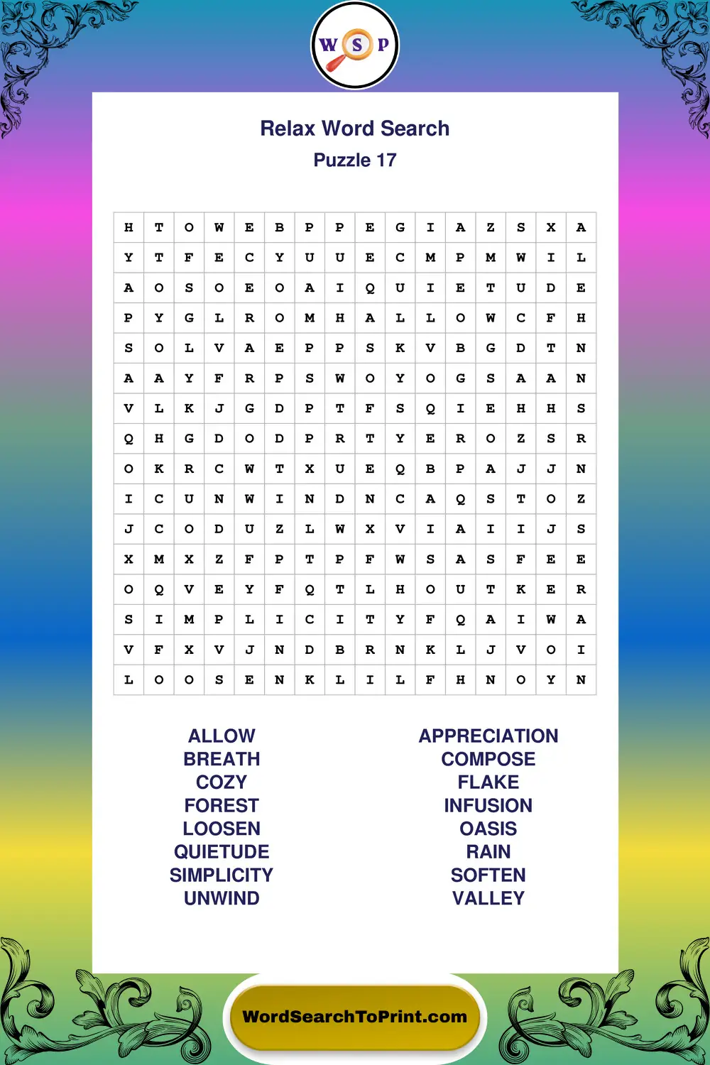 Relax Word Search Puzzle 17
