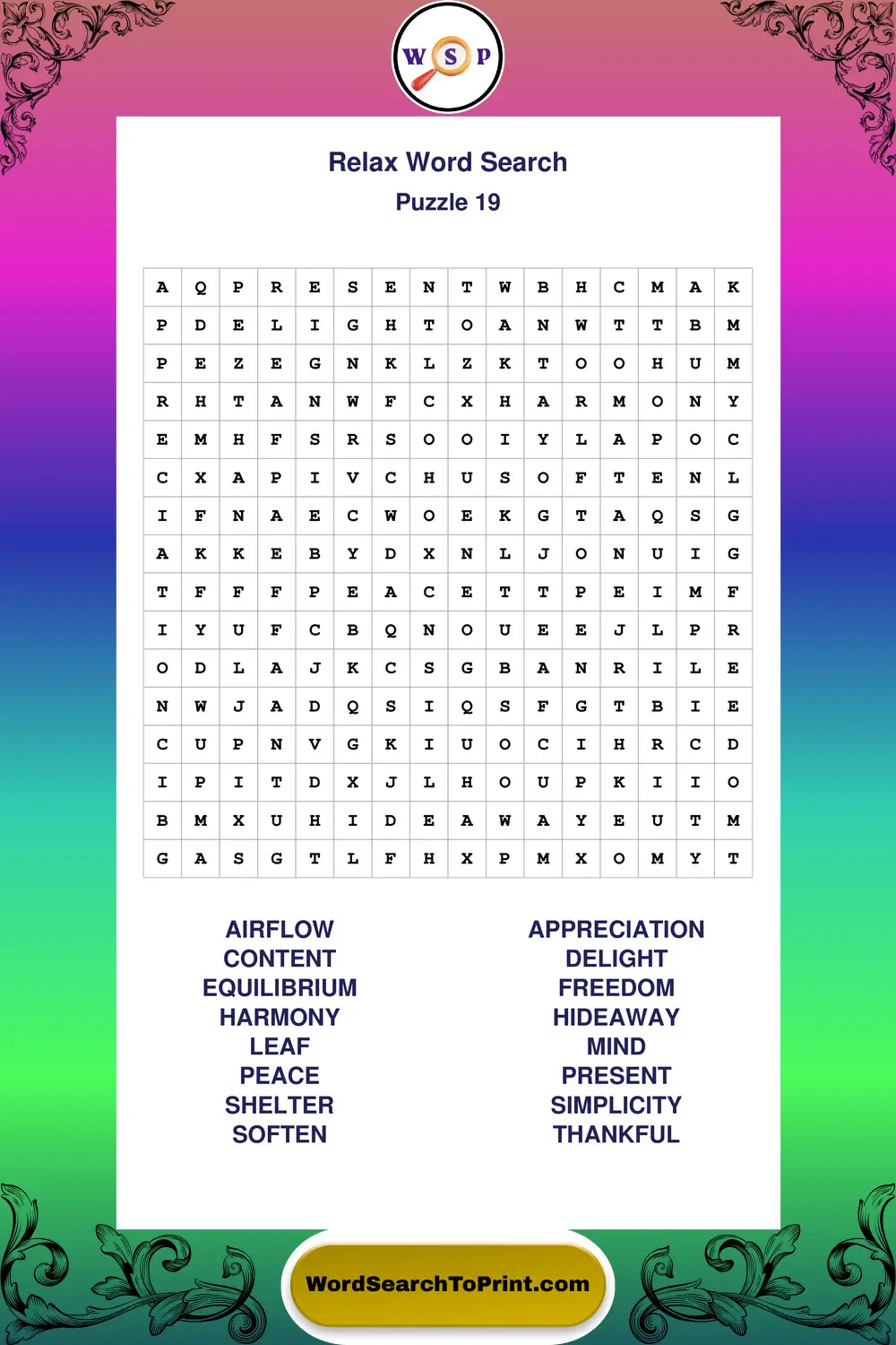 Relax Word Search Puzzle 19