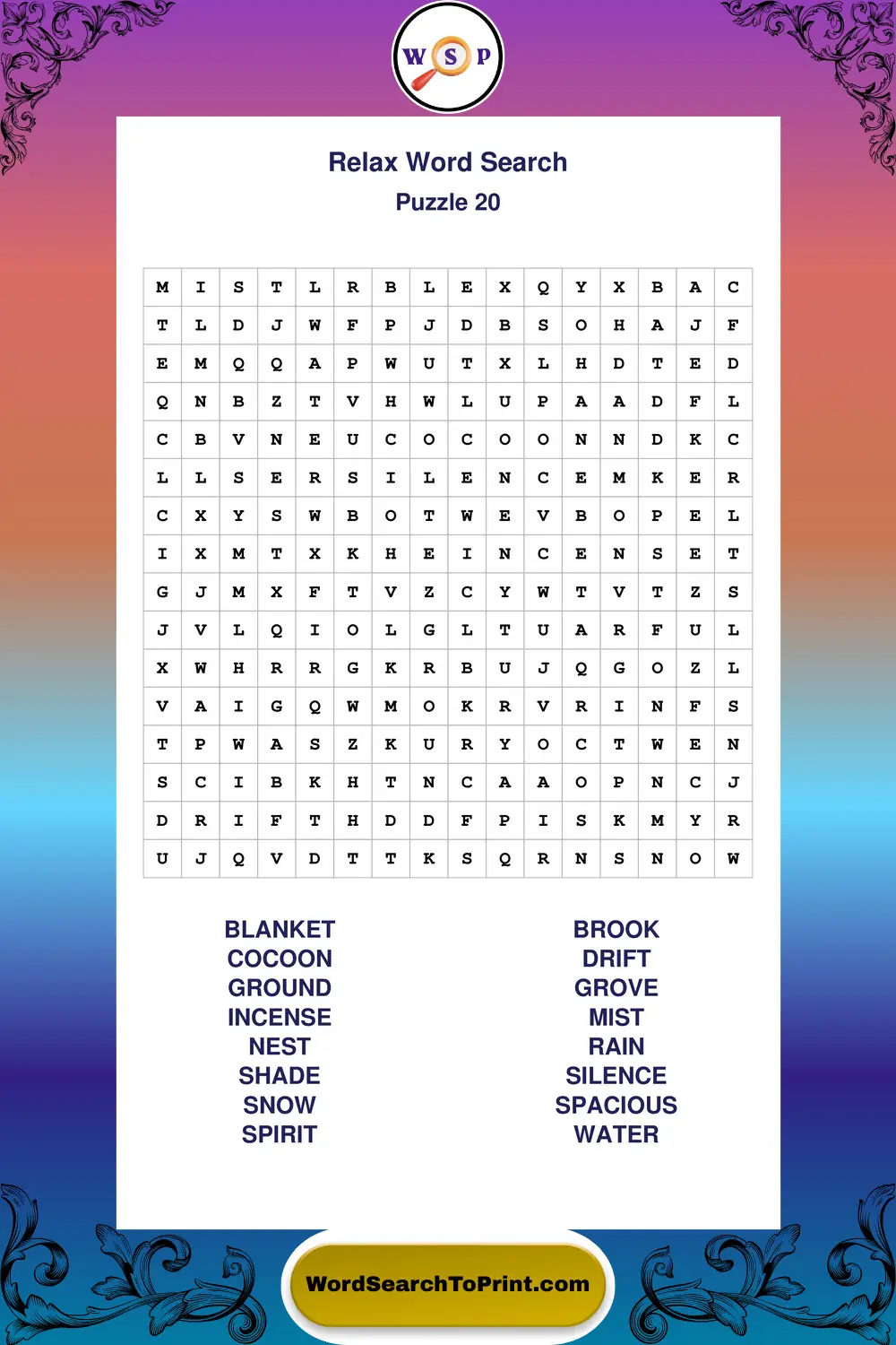 Relax Word Search Puzzle 20