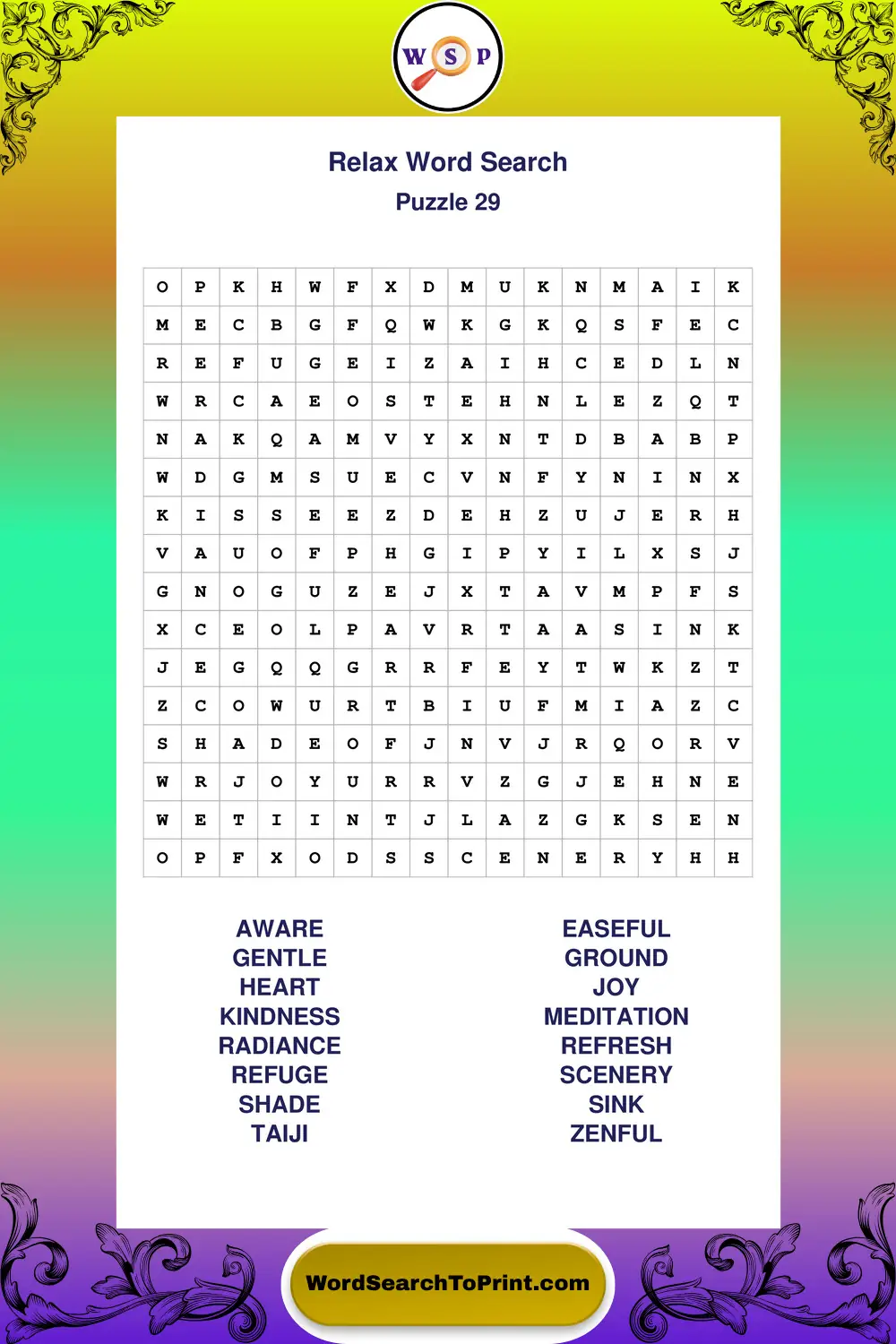 Relax Word Search Puzzle 29