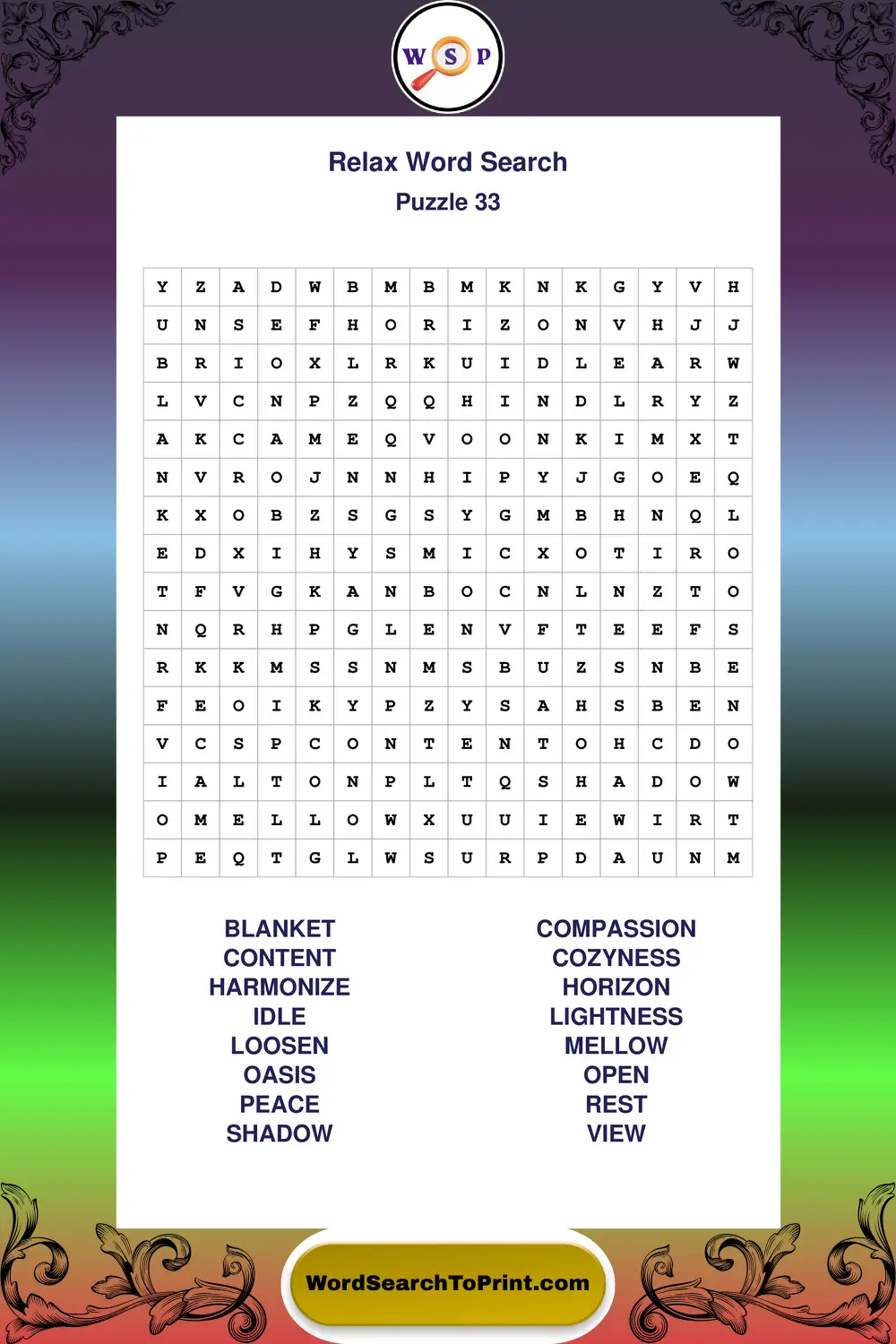 Relax Word Search Puzzle 33