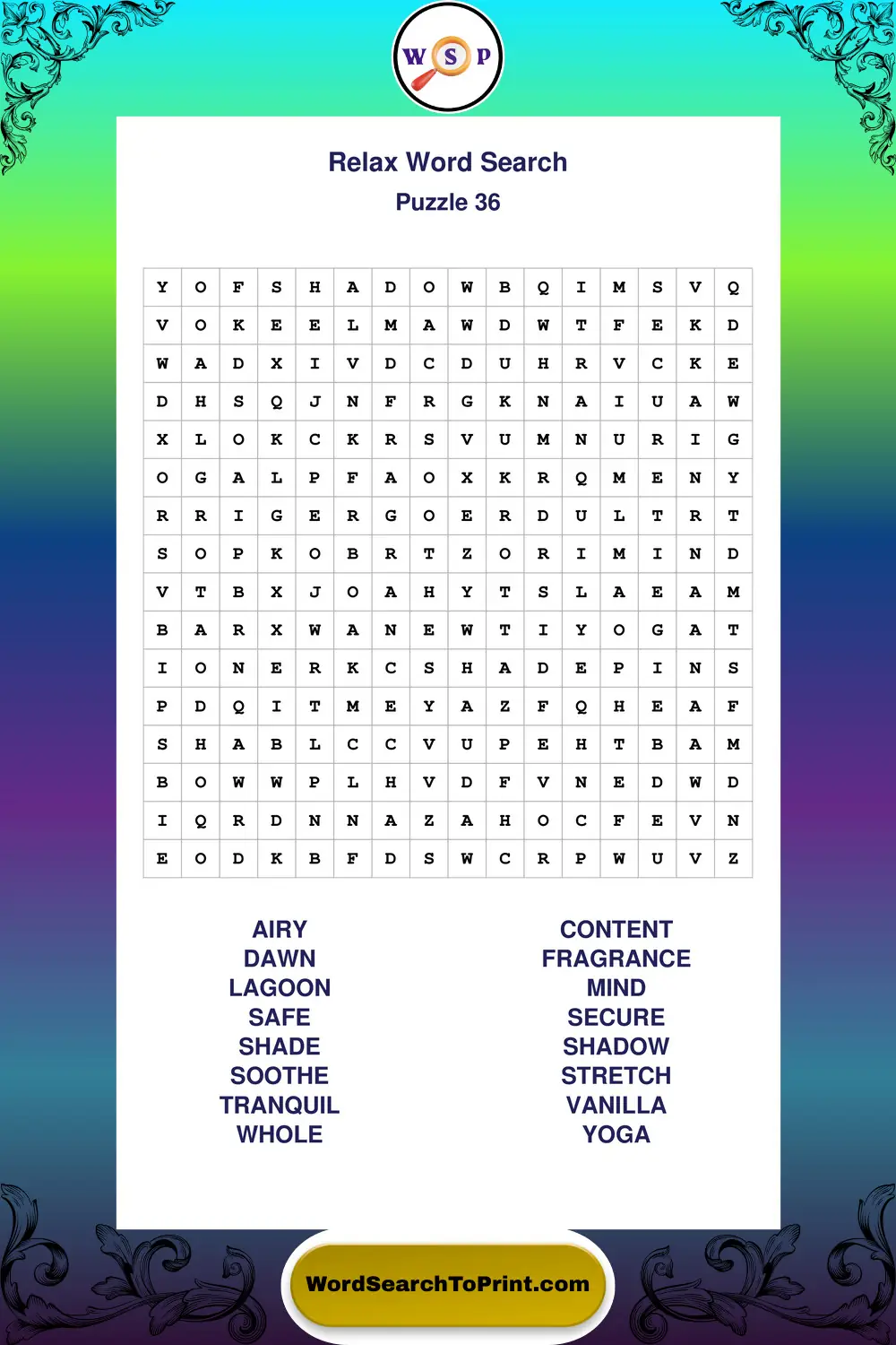 Relax Word Search Puzzle 36