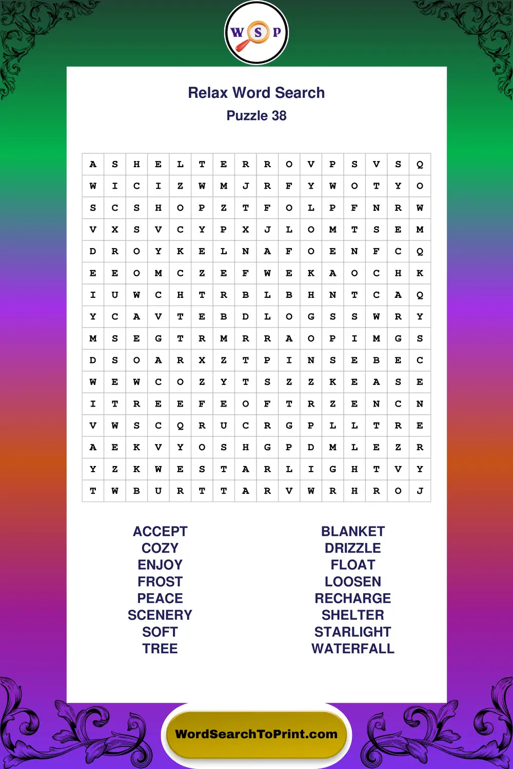 Relax Word Search Puzzle 38