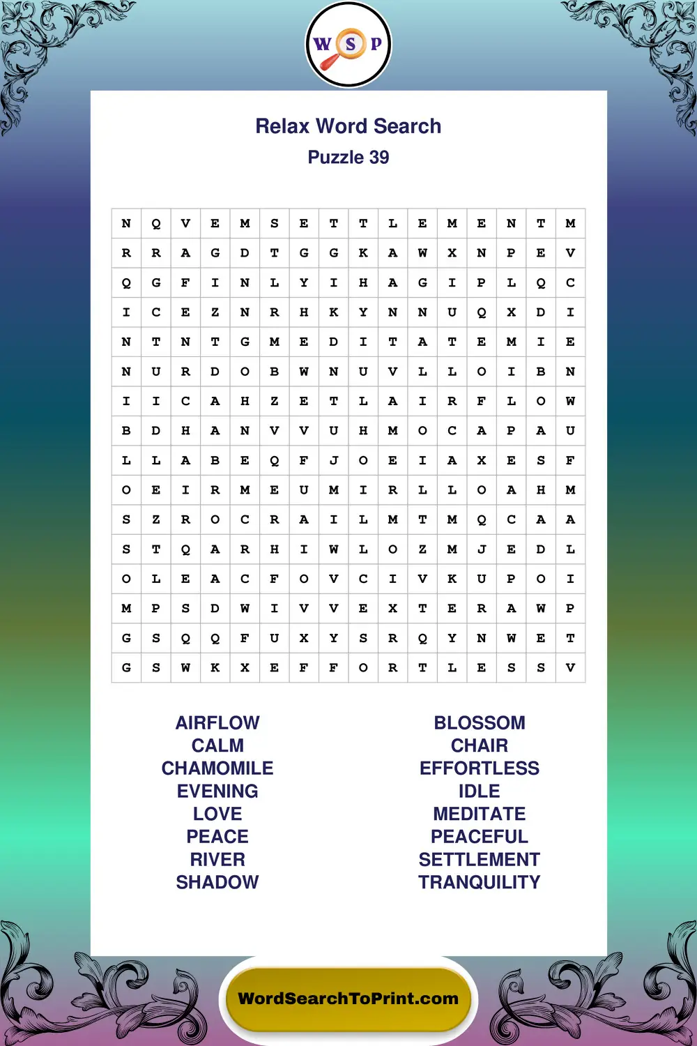 Relax Word Search Puzzle 39
