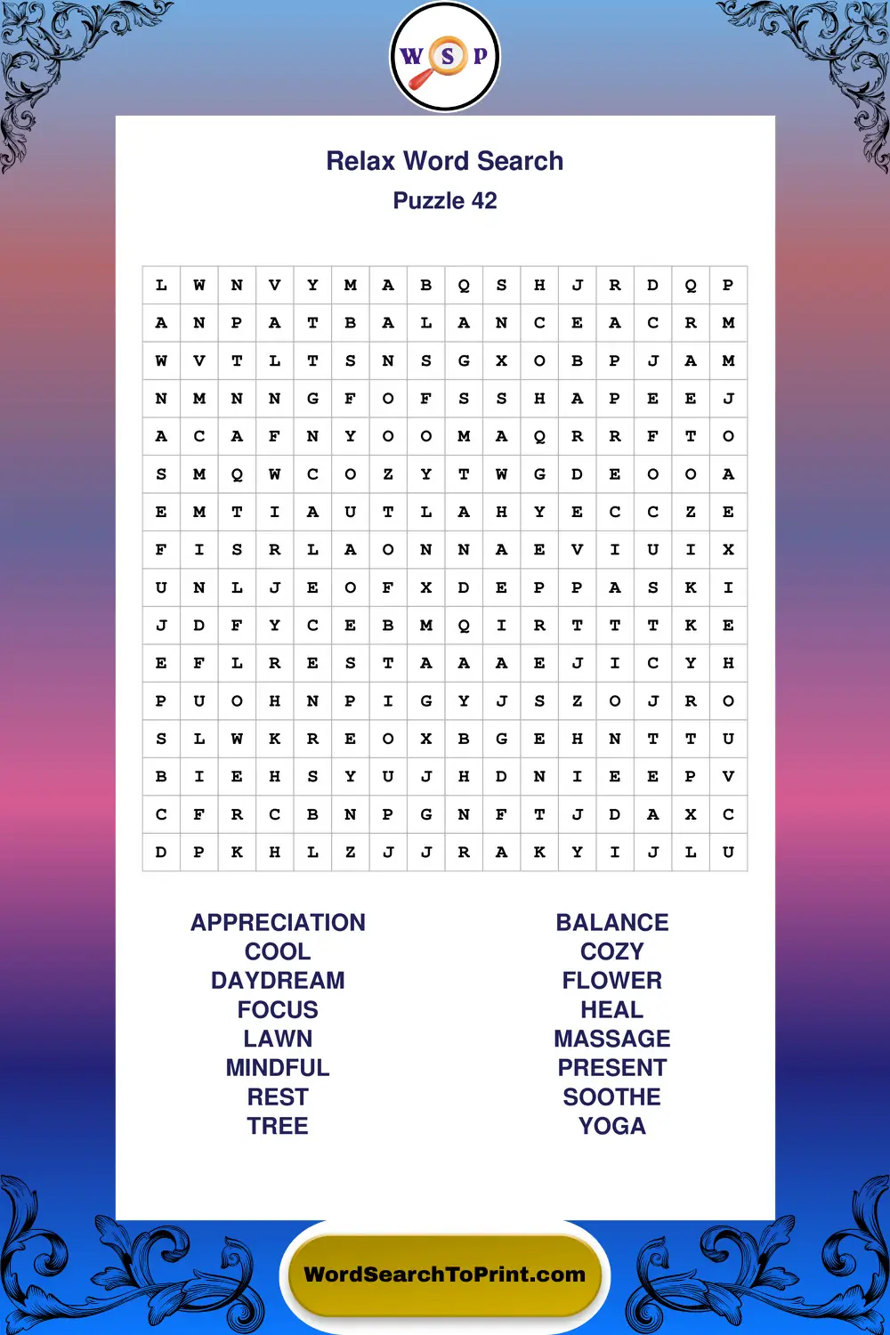 Relax Word Search Puzzle 42