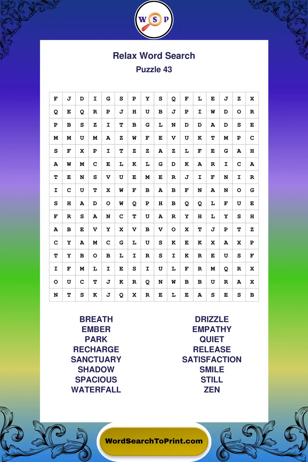 Relax Word Search Puzzle 43