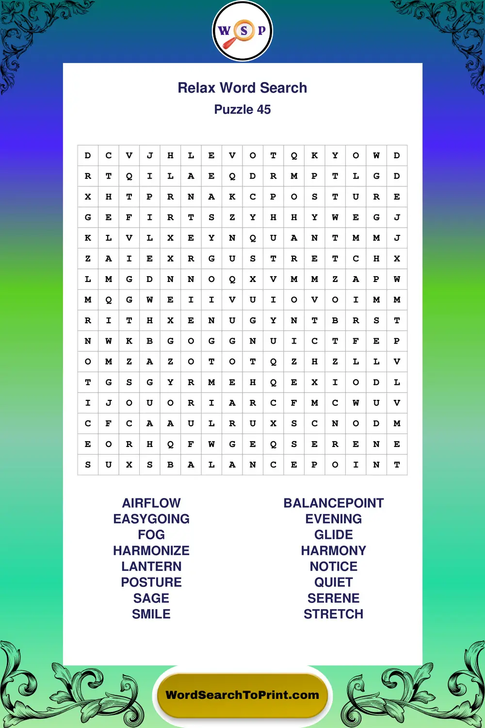 Relax Word Search Puzzle 45