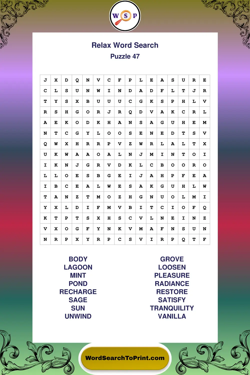 Relax Word Search Puzzle 47
