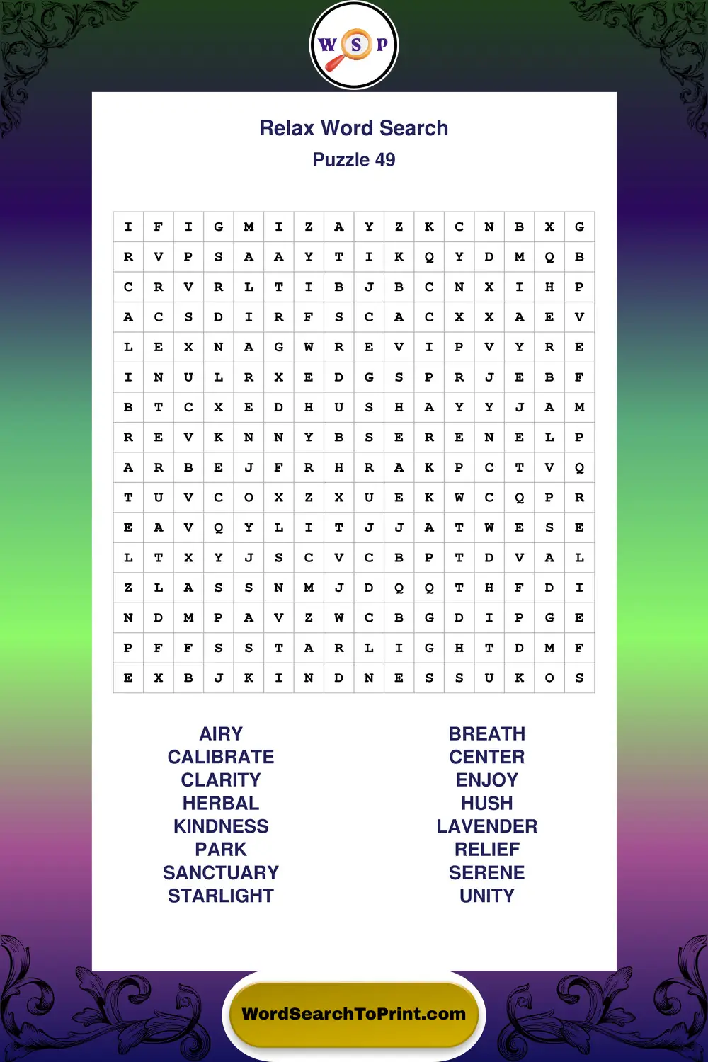 Relax Word Search Puzzle 49