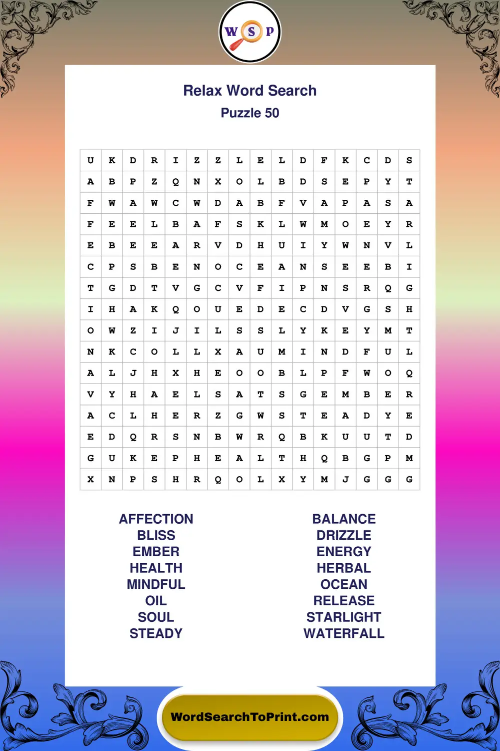 Relax Word Search Puzzle 50