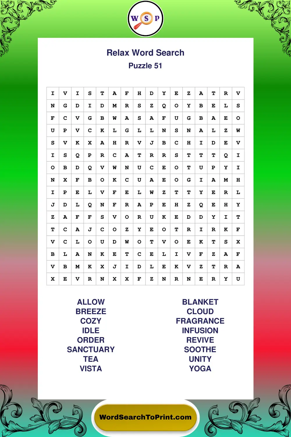 Relax Word Search Puzzle 51