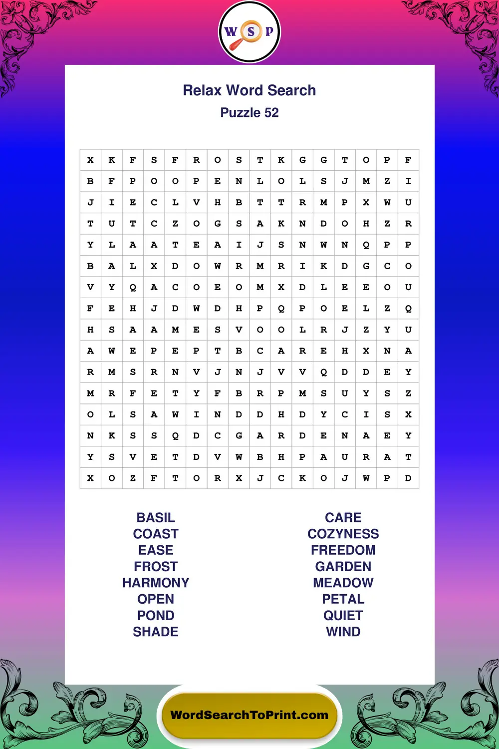 Relax Word Search Puzzle 52