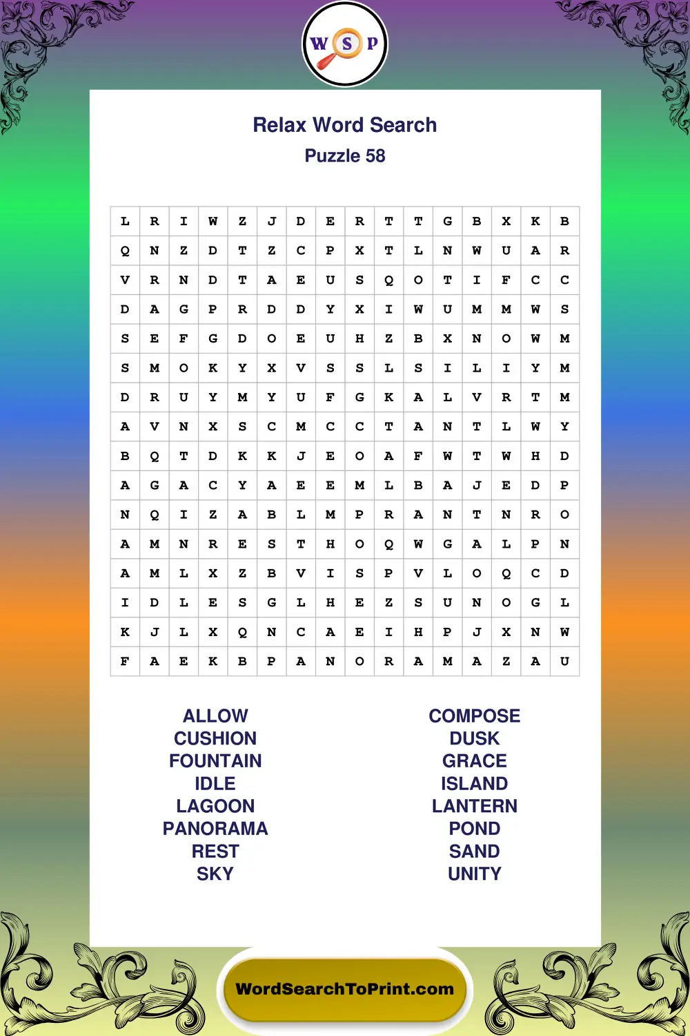 Relax Word Search Puzzle 58