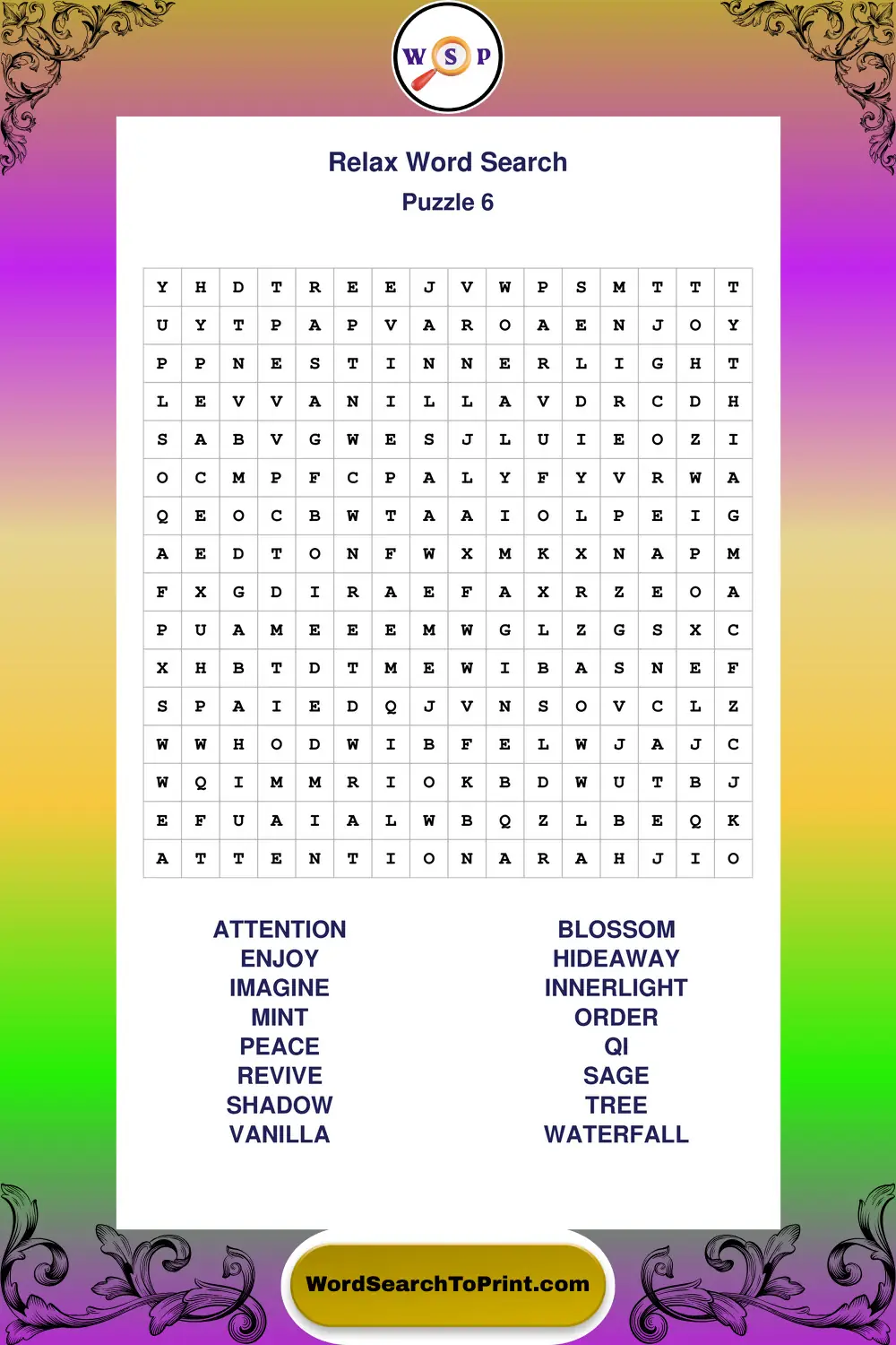 Relax Word Search Puzzle 6
