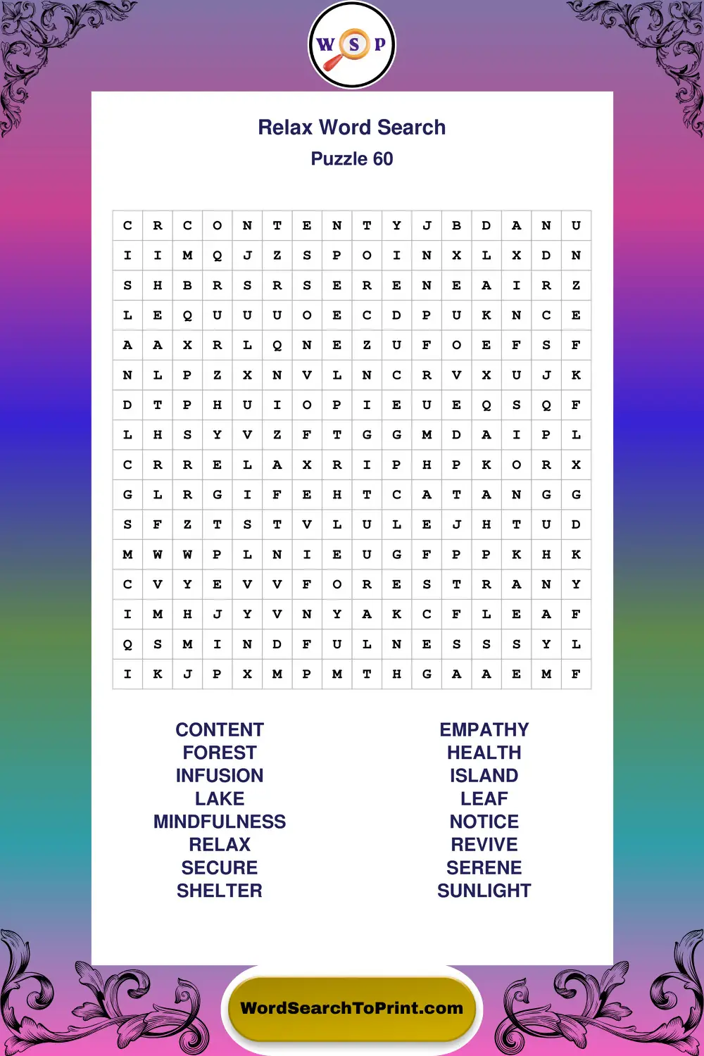 Relax Word Search Puzzle 60