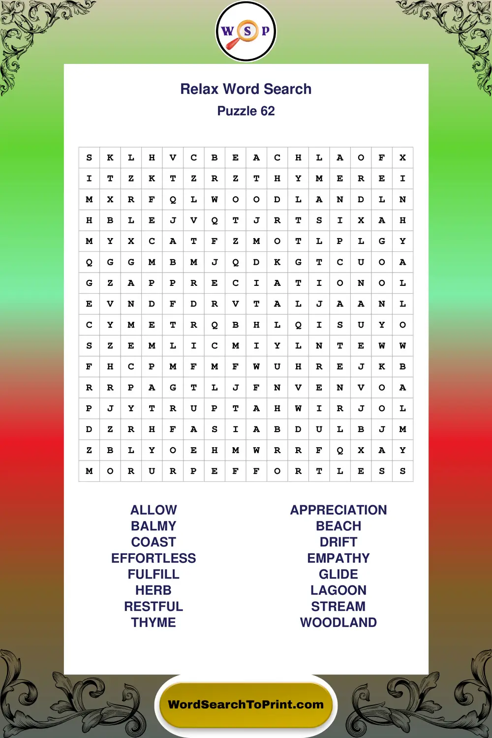 Relax Word Search Puzzle 62