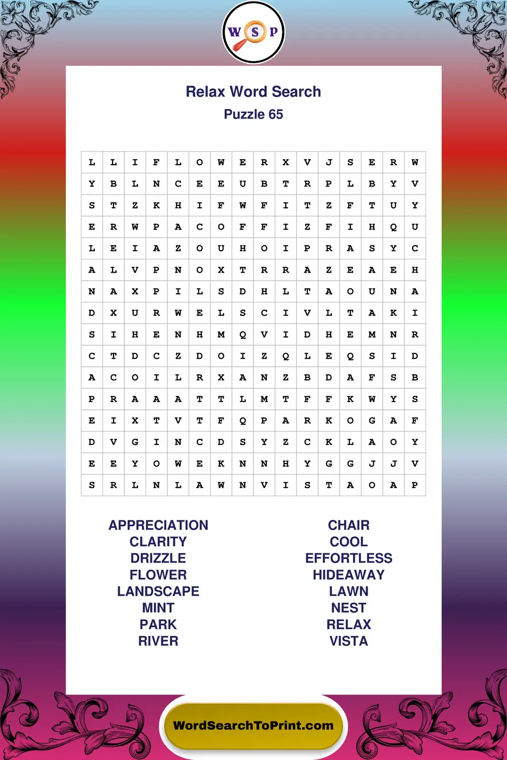 Relax Word Search Puzzle 65