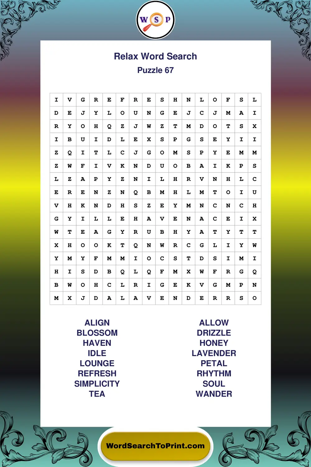Relax Word Search Puzzle 67