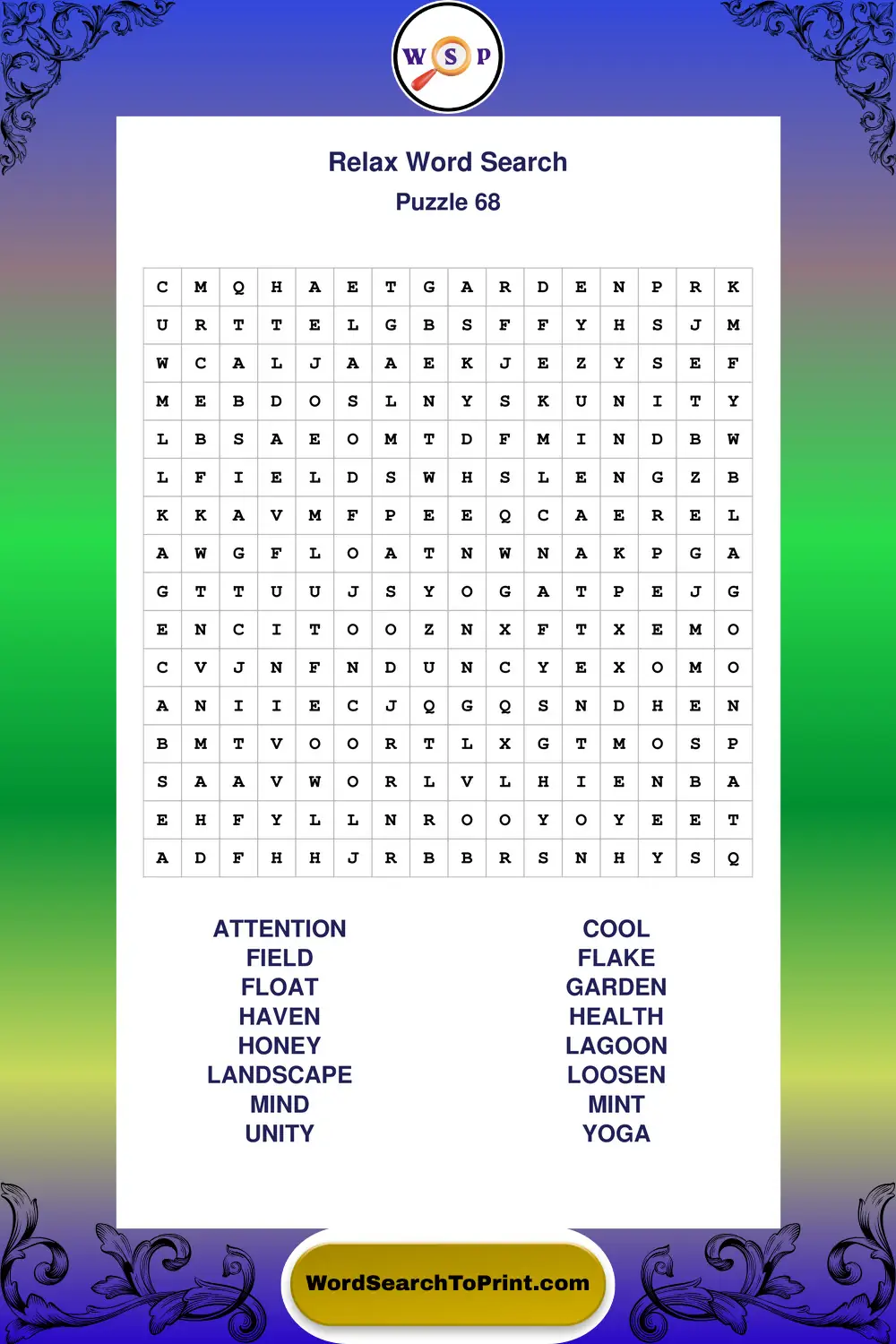 Relax Word Search Puzzle 68