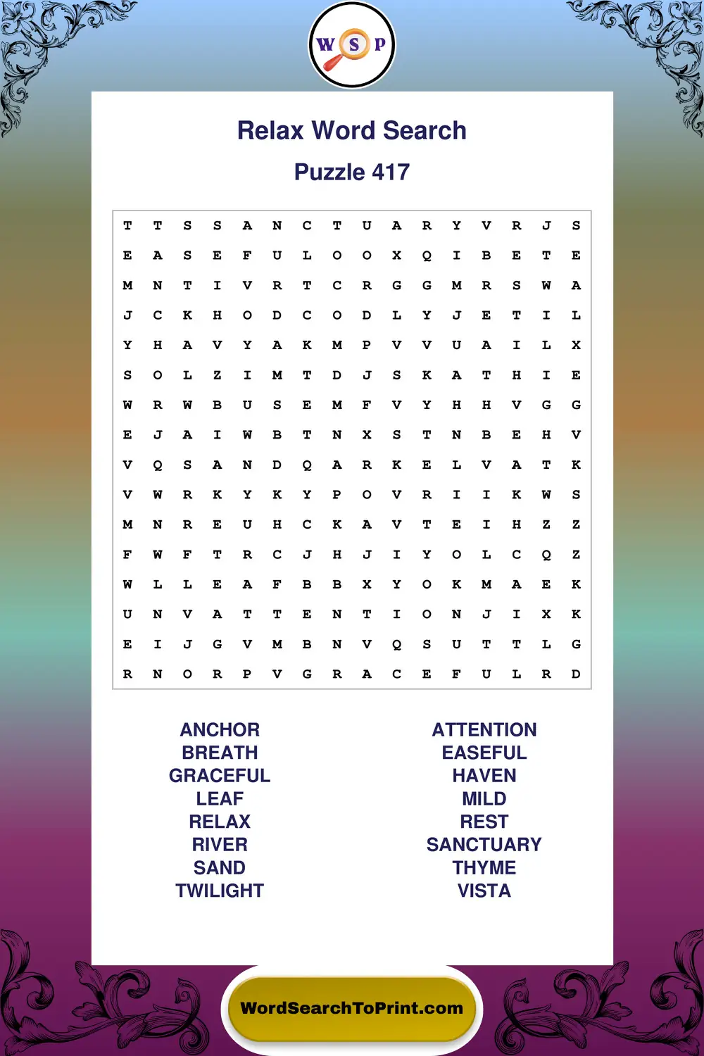 Relax Word Search Puzzle 417