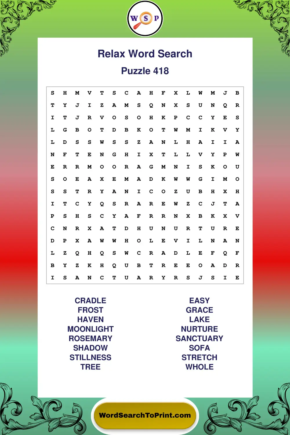 Relax Word Search Puzzle 418