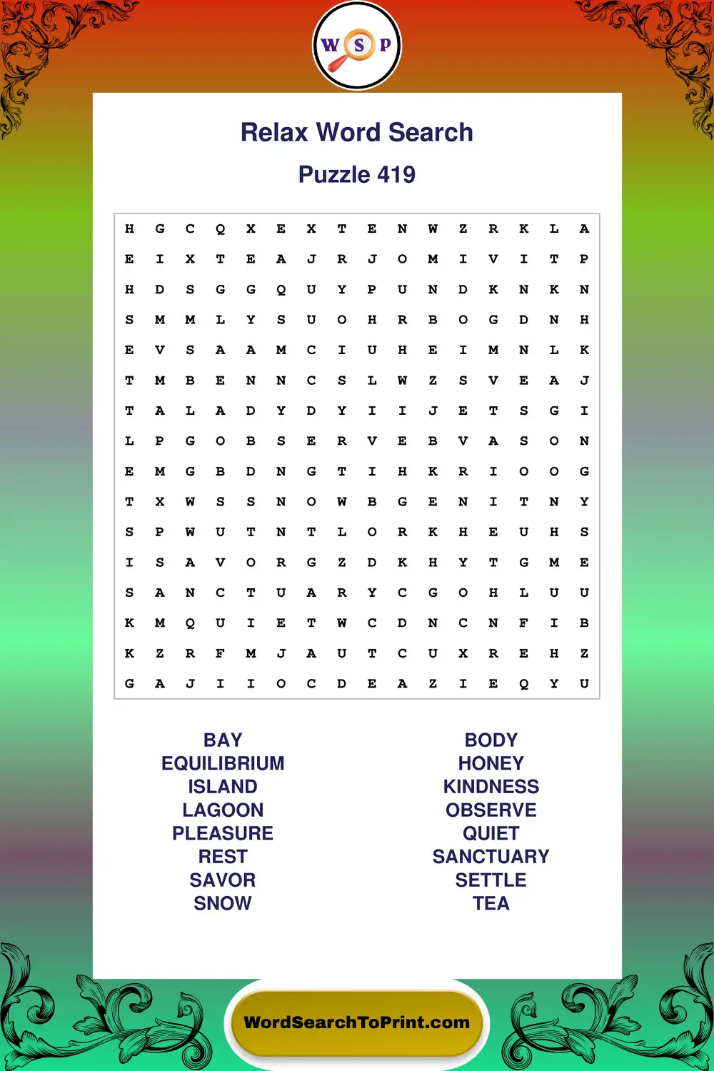 Relax Word Search Puzzle 419