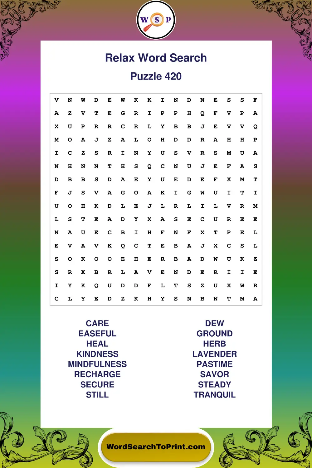 Relax Word Search Puzzle 420