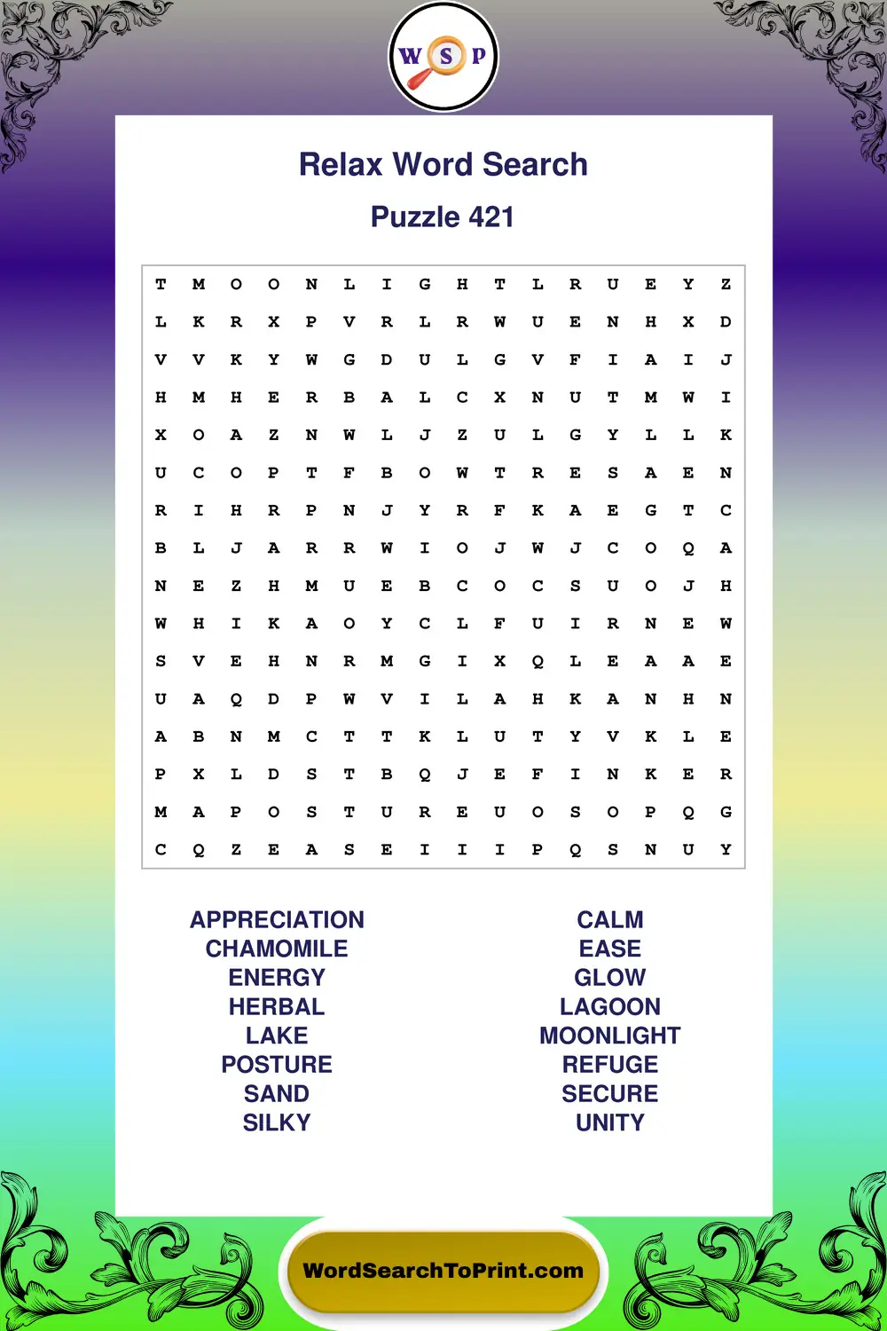 Relax Word Search Puzzle 421