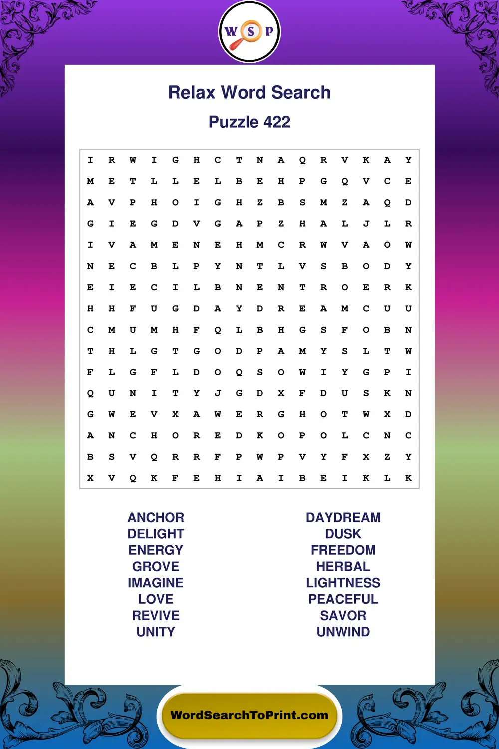 Relax Word Search Puzzle 422