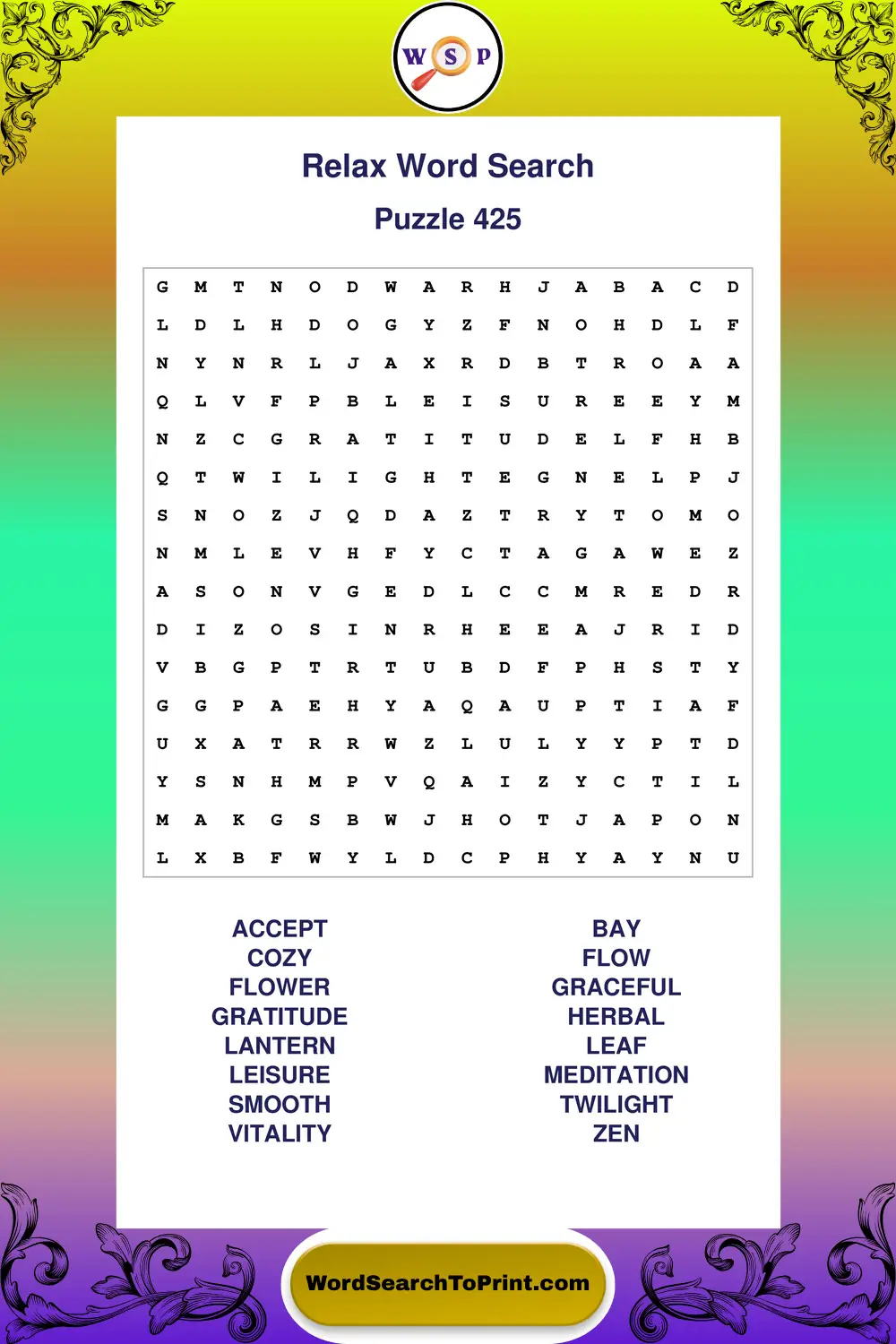 Relax Word Search Puzzle 425