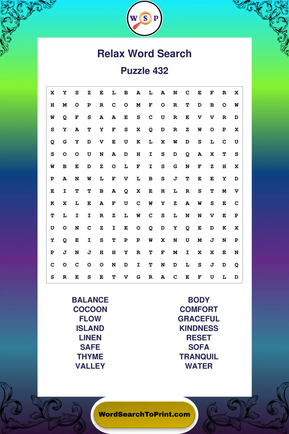 Relax Word Search Puzzle 432