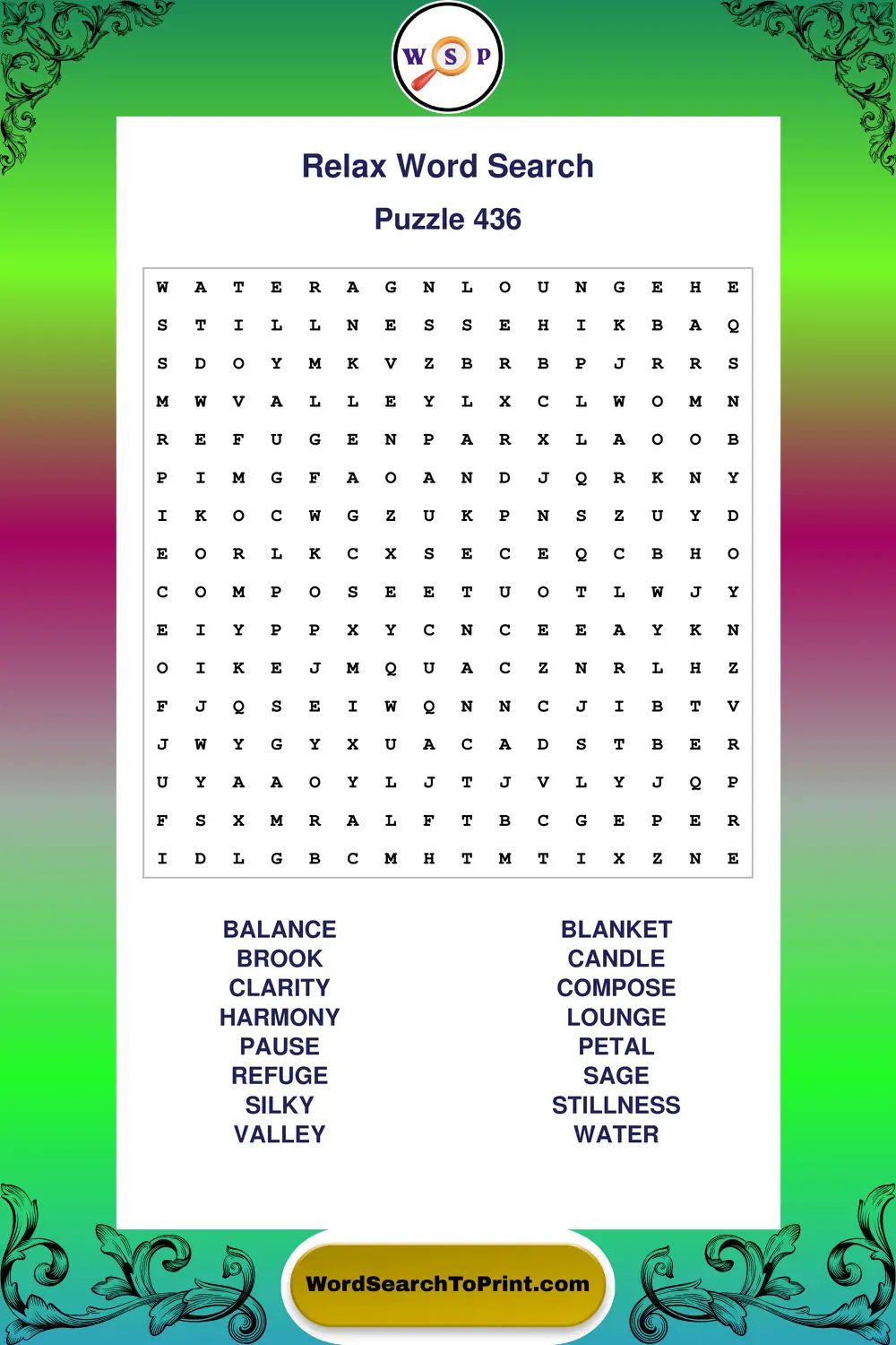 Relax Word Search Puzzle 436