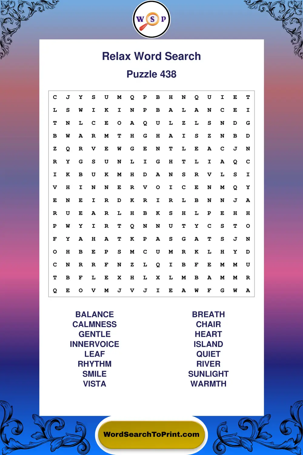 Relax Word Search Puzzle 438