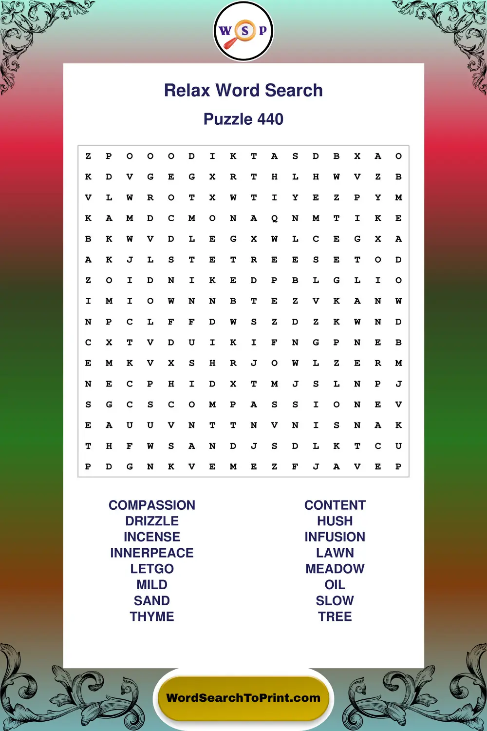 Relax Word Search Puzzle 440