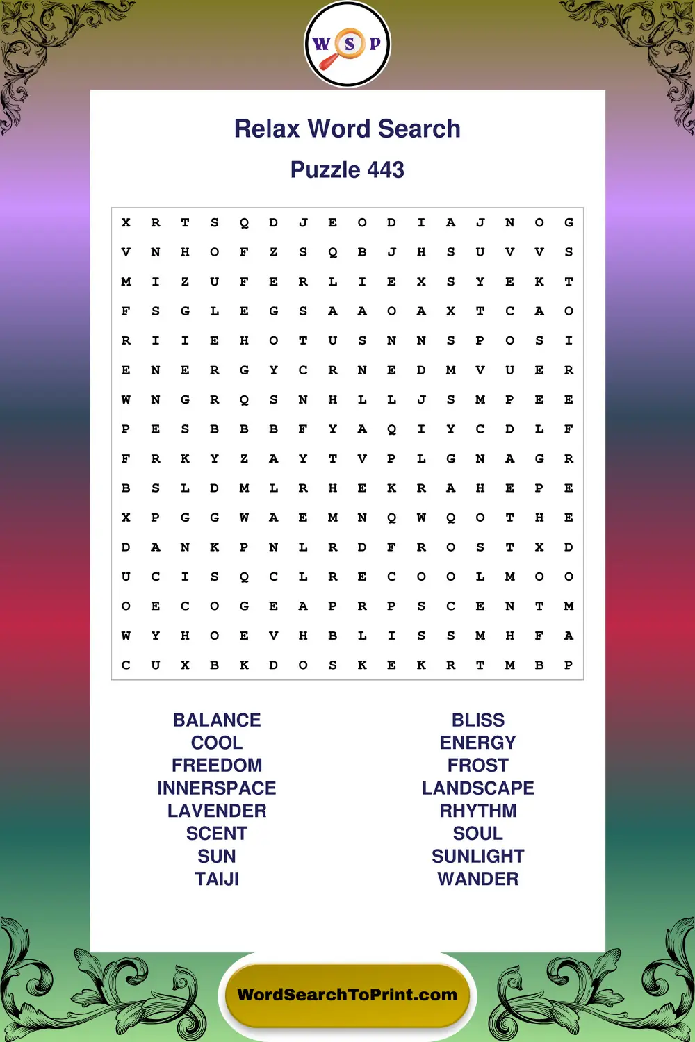 Relax Word Search Puzzle 443
