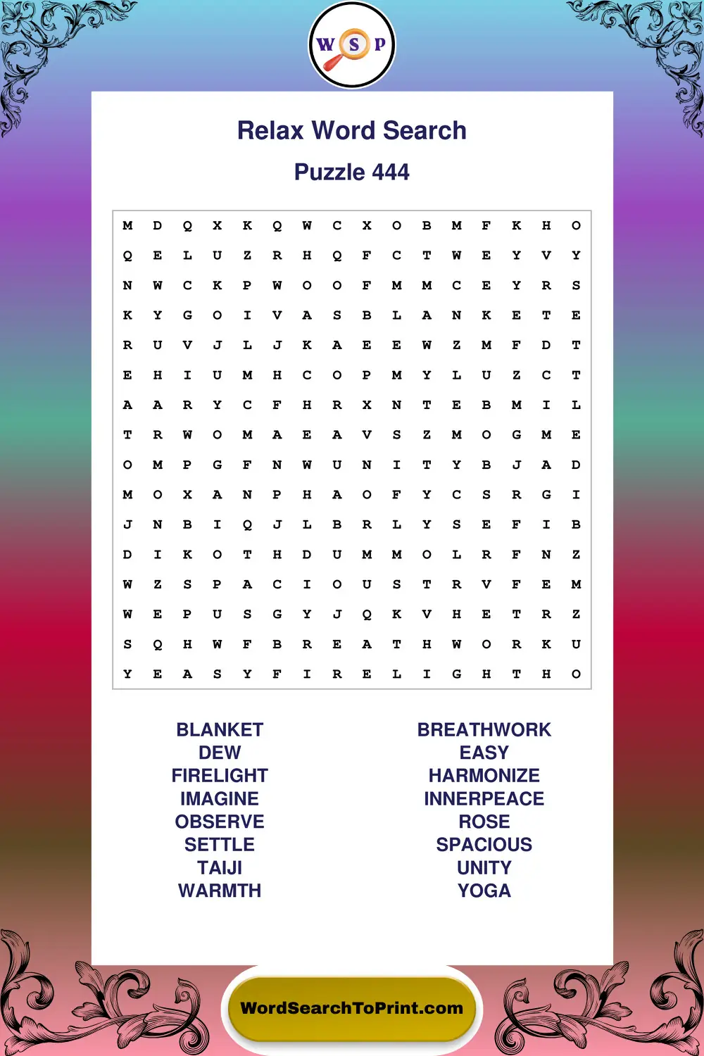 Relax Word Search Puzzle 444