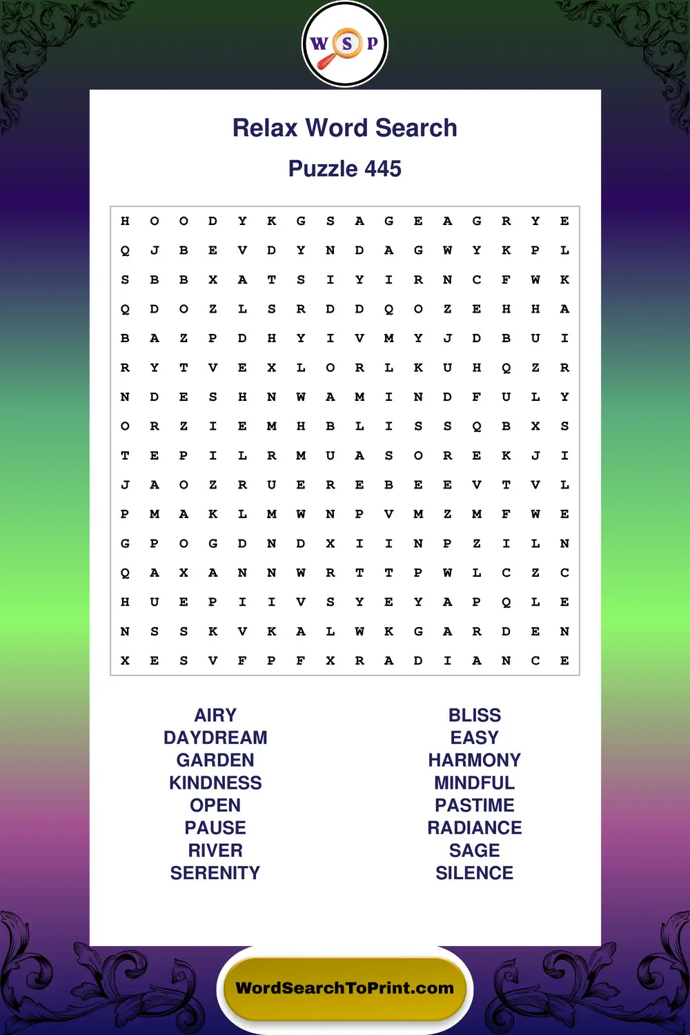 Relax Word Search Puzzle 445