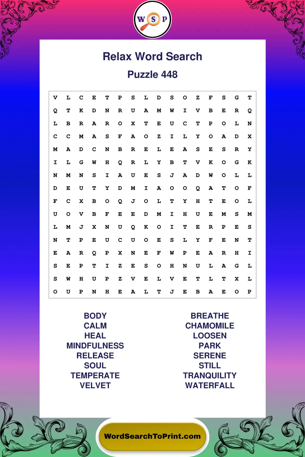 Relax Word Search Puzzle 448