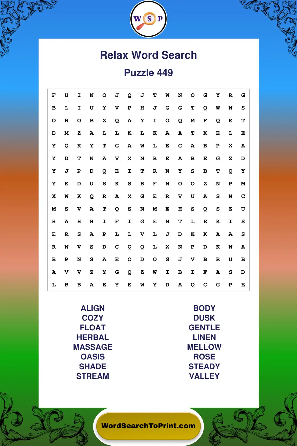 Relax Word Search Puzzle 449