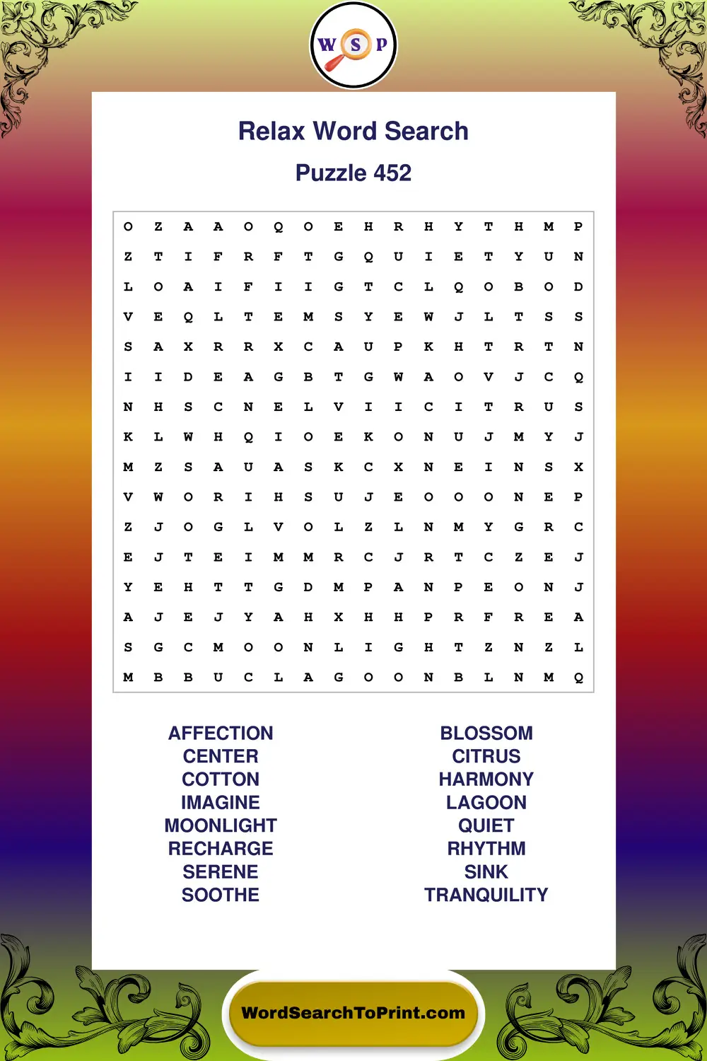 Relax Word Search Puzzle 452