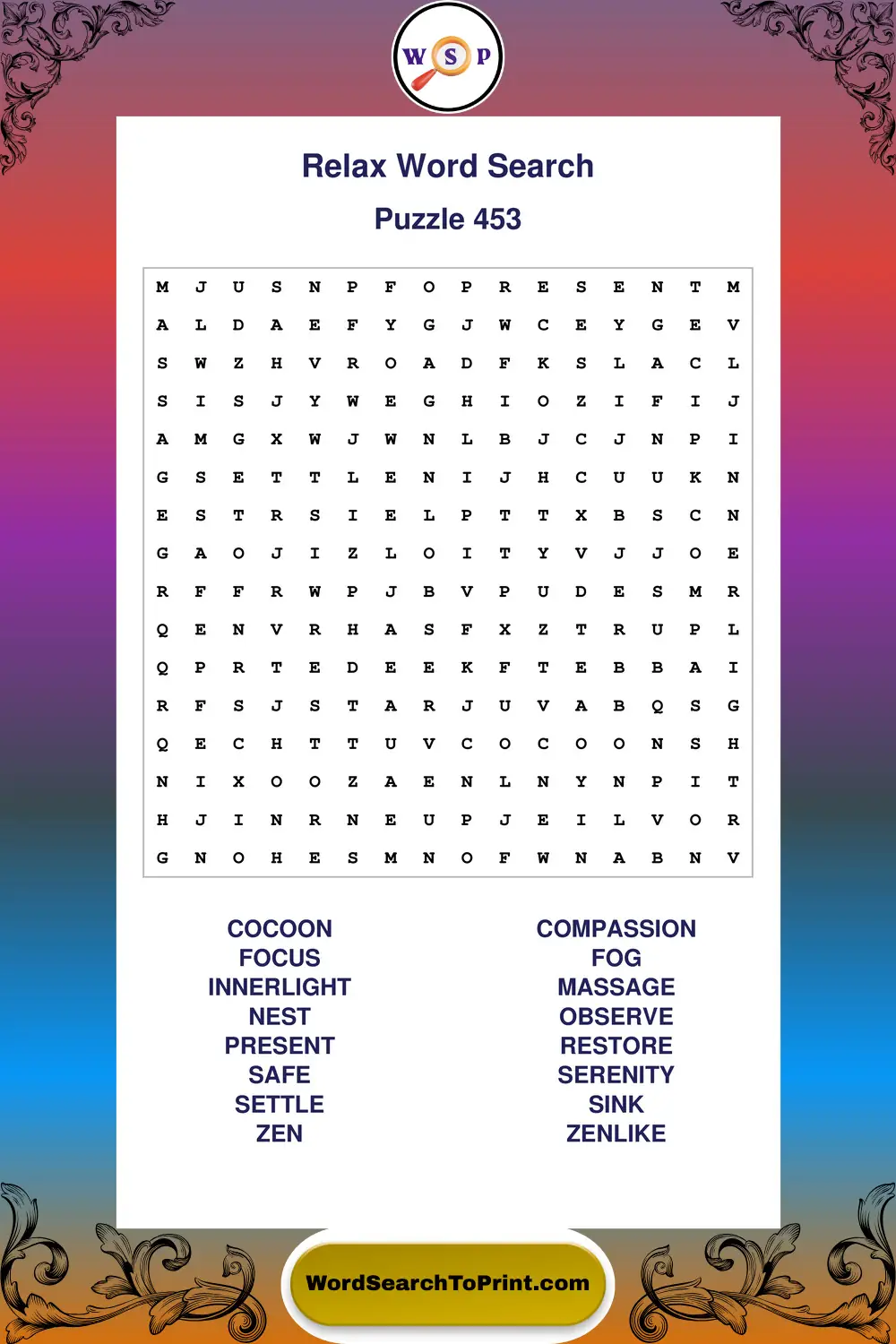 Relax Word Search Puzzle 453