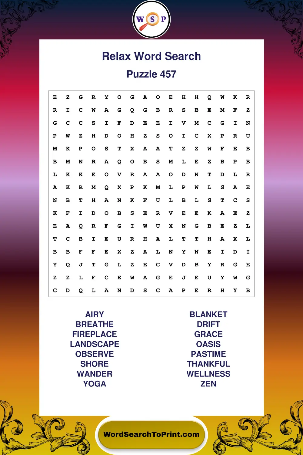 Relax Word Search Puzzle 457