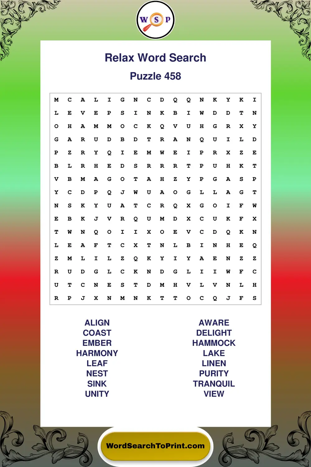 Relax Word Search Puzzle 458