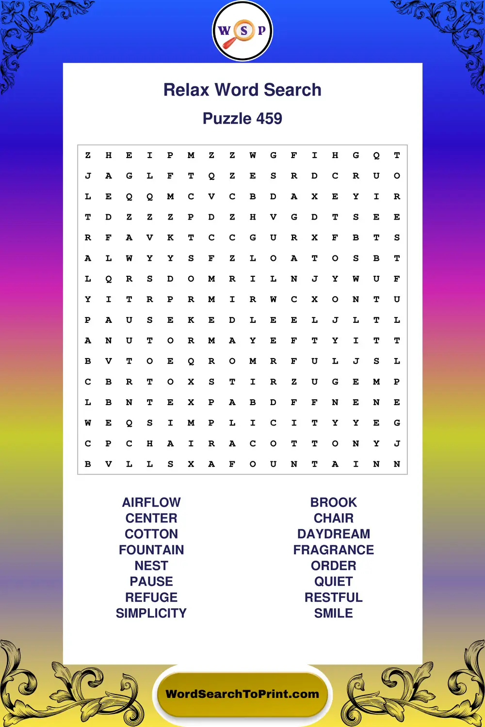 Relax Word Search Puzzle 459