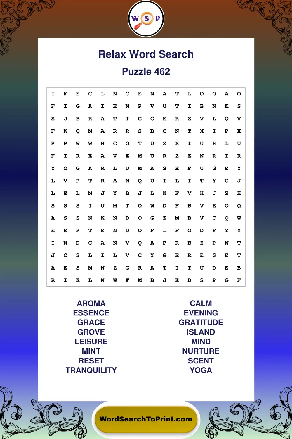 Relax Word Search Puzzle 462