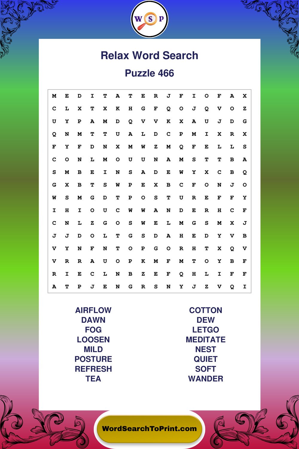 Relax Word Search Puzzle 466